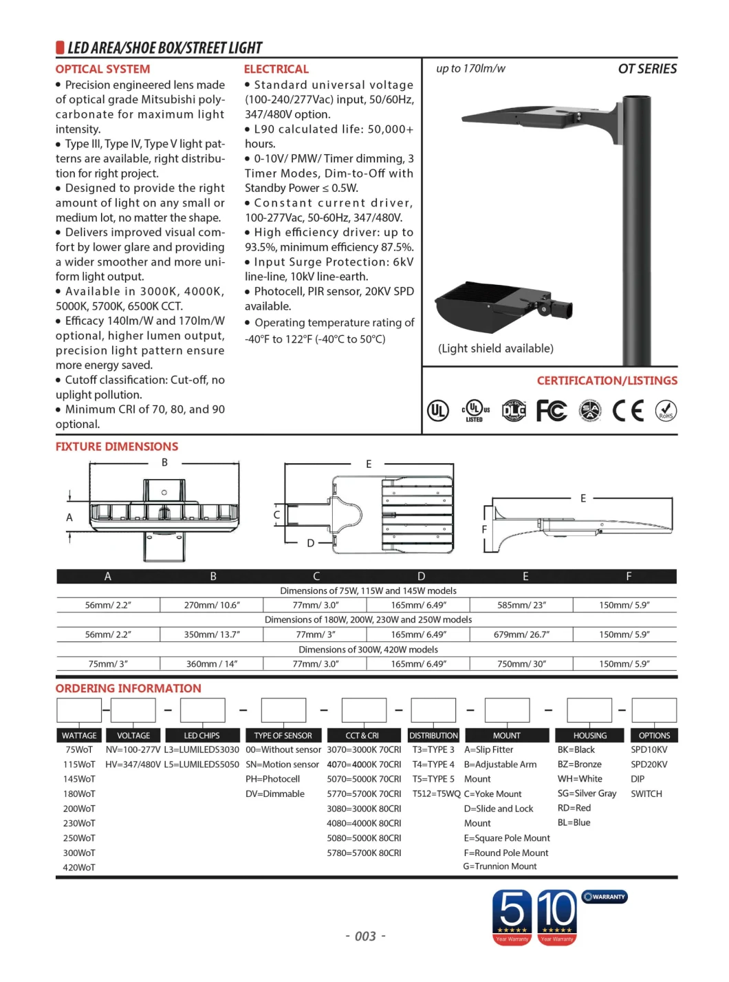 Ot Series 75W-420W LED Solar Panel Street Light with 5 or 10 Years Warranty