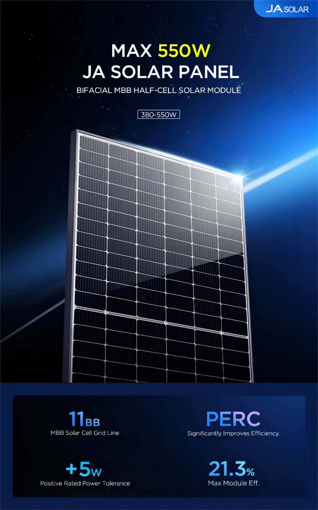 Ja Solar Panel 540W 545W 550W 555W Mbb Mono Perc Photovoltaic Panels Jam72s30 530-550mr